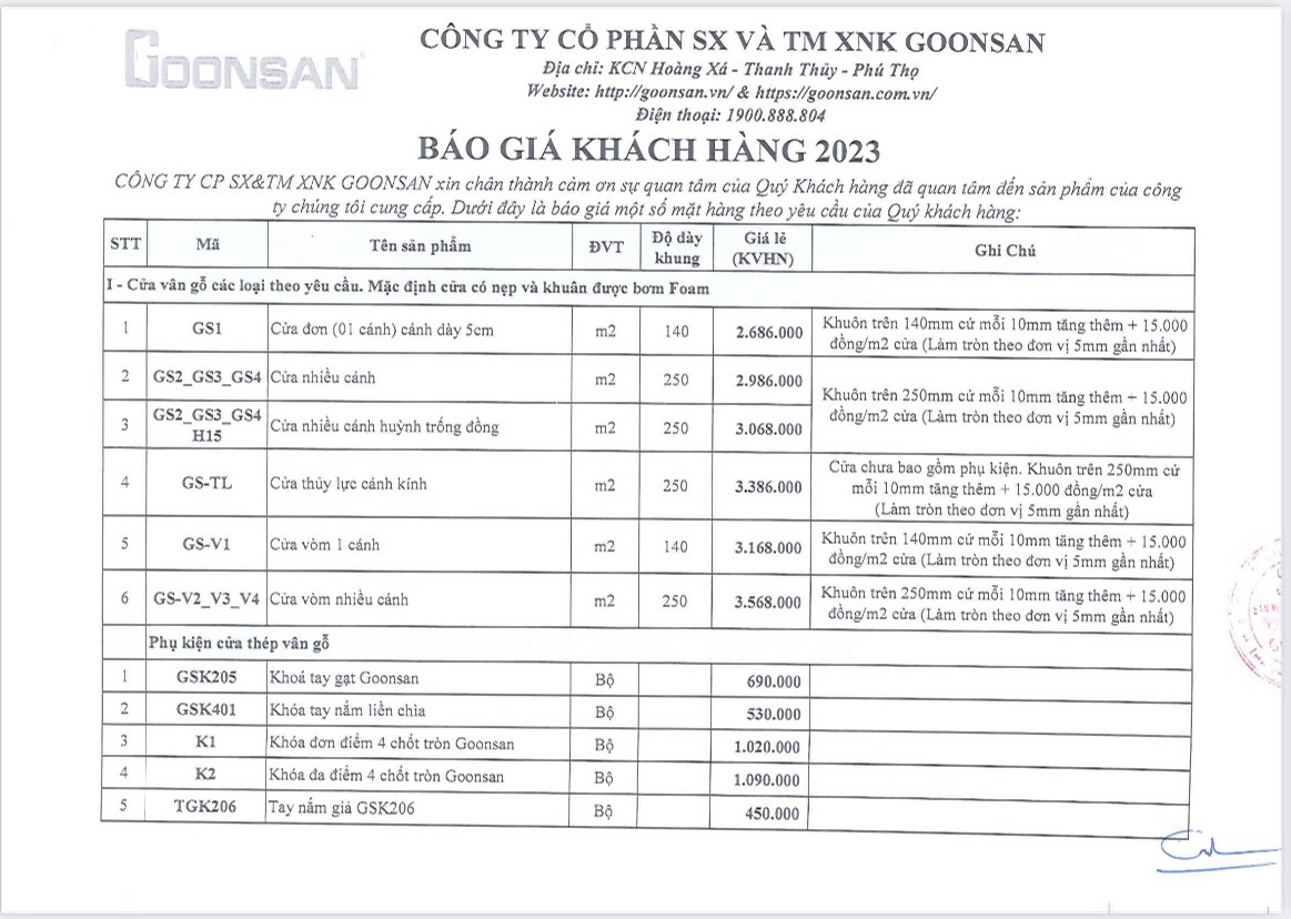 Báo giá cửa thép vân gỗ Goonsan